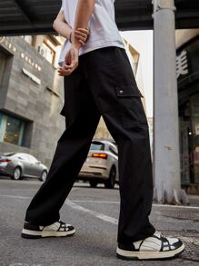 Manfinity Men Flap Pocket Drawstring Waist Cargo Trousers - Black - View 2