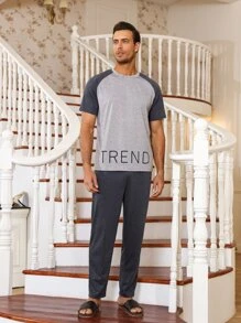 Hombres Conjunto de pijama con estampado de letra de manga raglán - Gris - Ver 1