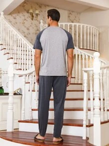 Hombres Conjunto de pijama con estampado de letra de manga raglán - Gris - Ver 2