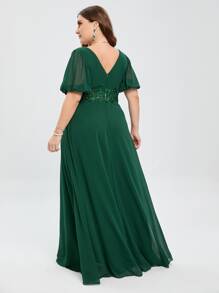 大碼亮片拼接深V領泡泡袖伴娘連衣裙 - 墨綠色 - 查看 2