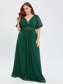 大碼亮片拼接深V領泡泡袖伴娘連衣裙 - 墨綠色 - 查看 4