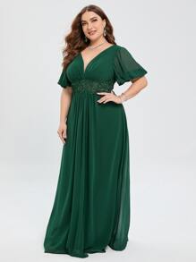 大碼亮片拼接深V領泡泡袖伴娘連衣裙 - 墨綠色 - 查看 5