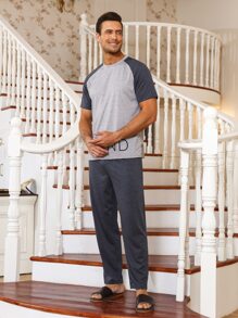 Hombres Conjunto de pijama con estampado de letra de manga raglán - Gris - Ver 6