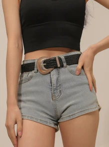 1入組女士鱷魚壓紋金屬扣時尚皮帶 - 黑色 - 查看 1