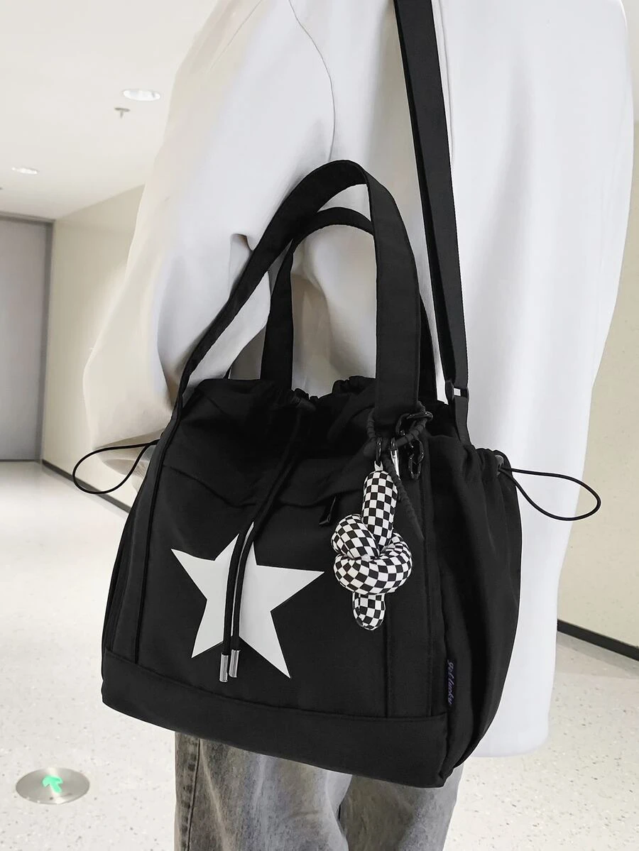 星星圖案托特包抽繩設計包飾裝飾適用於日常沙灘包購物袋可重複使用包行李袋,書包適合旅行,大學,學校
