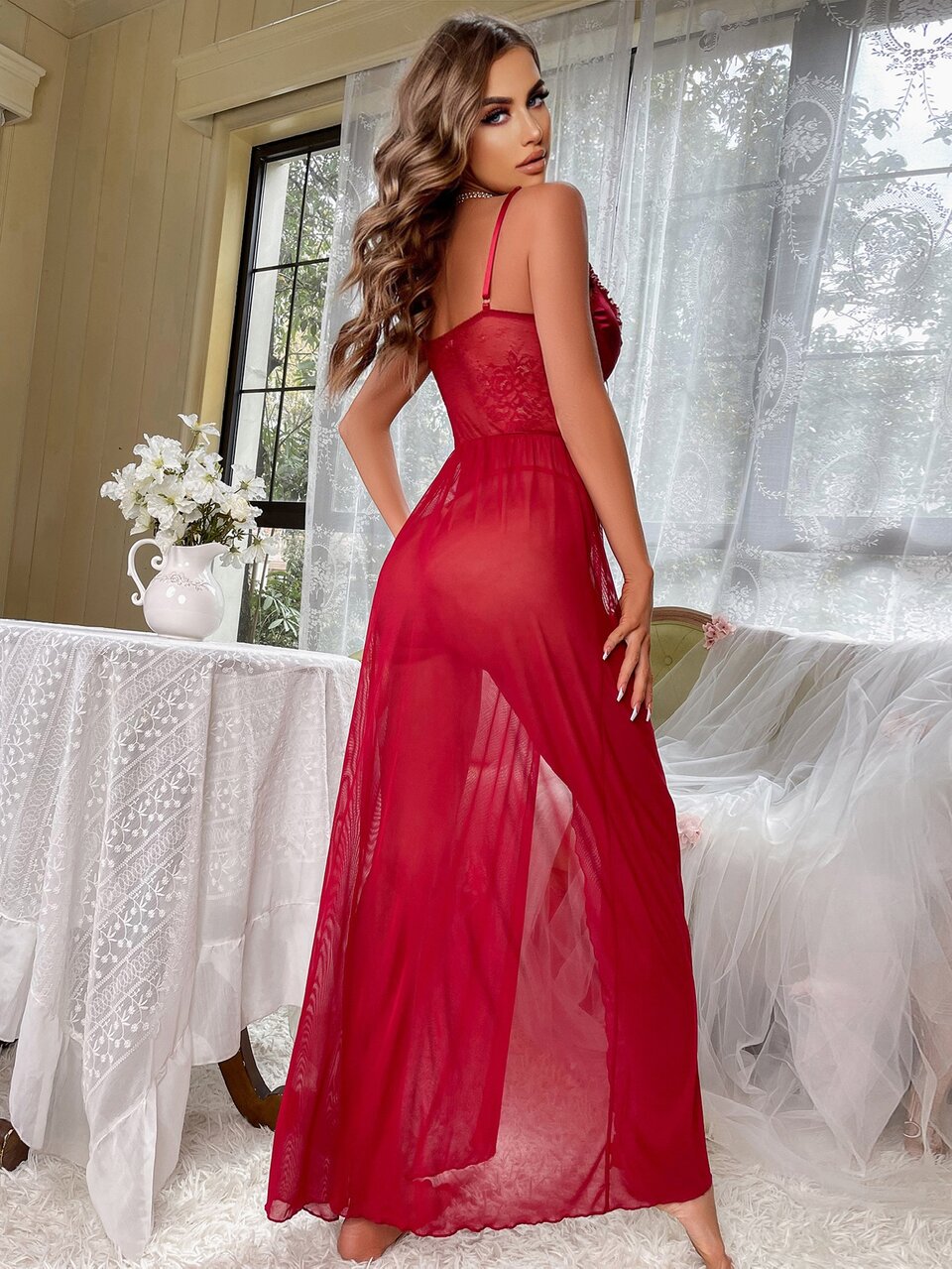Cut Out Tie Front Mesh Sexy Lingerie Dress With Thong