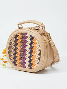 Colourblock Straw Bag Mini Top Handle For Vacation Travel - Khaki - View 2