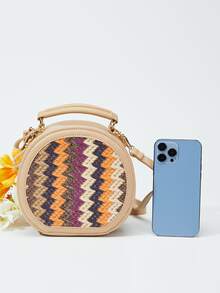 Colourblock Straw Bag Mini Top Handle For Vacation Travel - Khaki - View 6