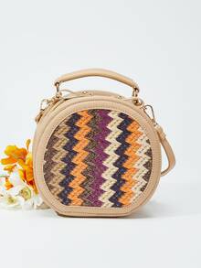 Colourblock Straw Bag Mini Top Handle For Vacation Travel - Khaki - View 7