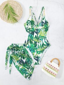 Tropical Print One Piece Swimsuit With Beach Skirt, For Summer Vacation - Green - View 7