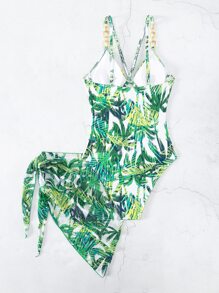 Tropical Print One Piece Swimsuit With Beach Skirt, For Summer Vacation - Green - View 5