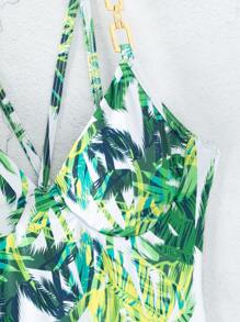 Tropical Print One Piece Swimsuit With Beach Skirt, For Summer Vacation - Green - View 3