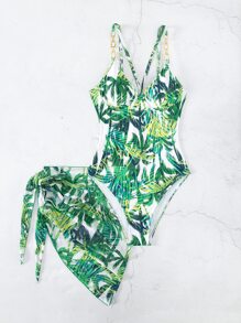 Tropical Print One Piece Swimsuit With Beach Skirt, For Summer Vacation - Green - View 6