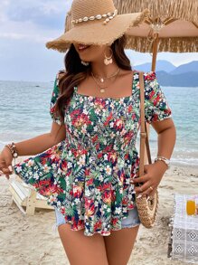 SHEIN Holidaya Plus Floral Print Square Neck Puff Sleeve Peplum Blouse - Multicolor - View 1