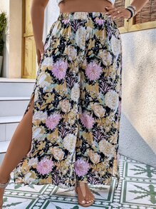 Breezaya 大碼印花高衩闊腿褲 - 彩色 - 查看 3