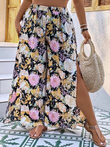Breezaya 大碼印花高衩闊腿褲 - 彩色 - 查看 4