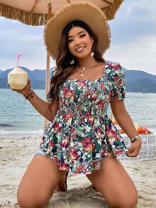 SHEIN Holidaya Plus Floral Print Square Neck Puff Sleeve Peplum Blouse - Multicolor - View 2