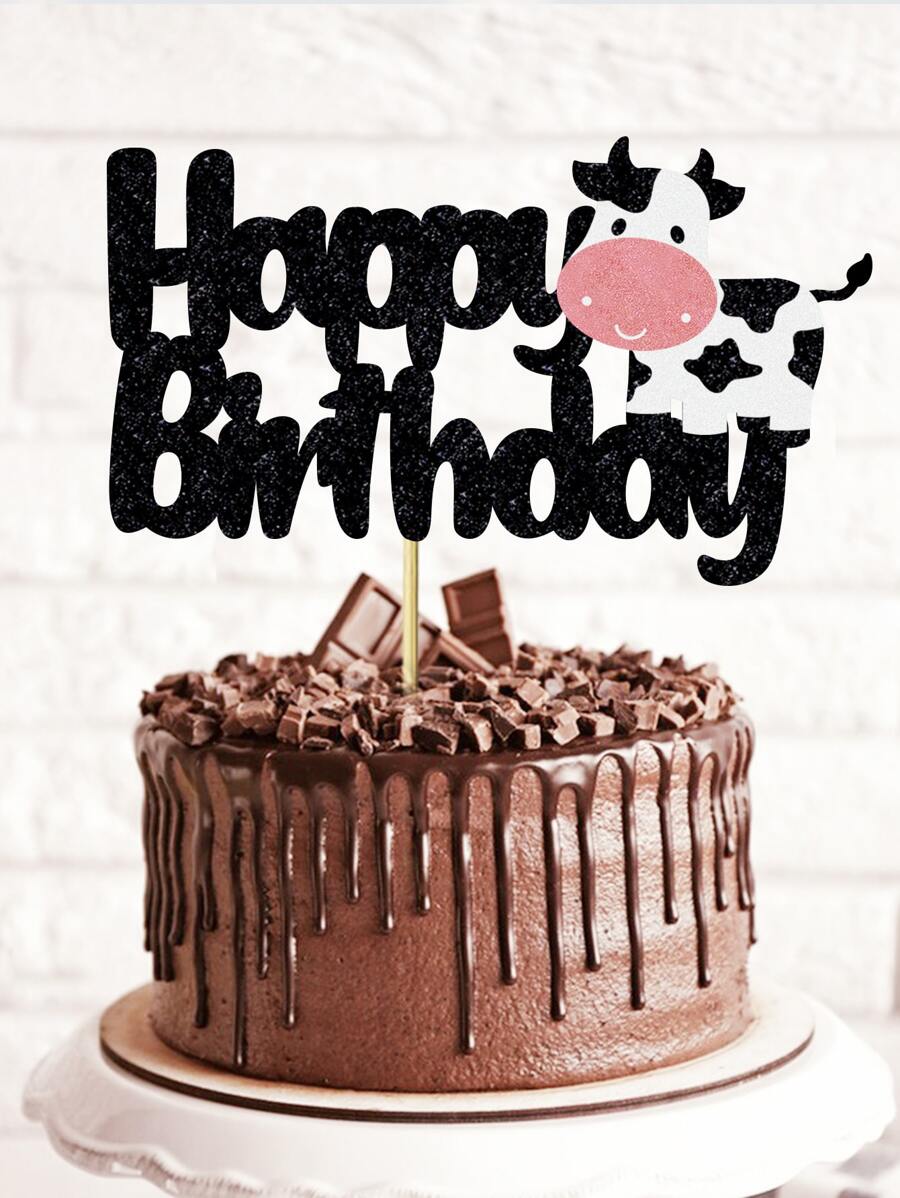 1pc Cow & Slogan Graphic Cake Topper, Paper Cake Top Decoration For Birthday Party,Christmas - Multicolor - View 1