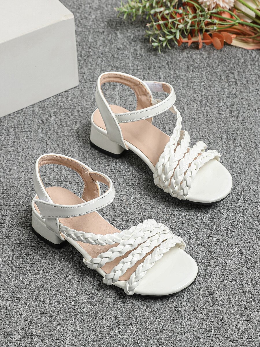 女孩編織細節粗跟踝帶時尚白色高跟涼鞋