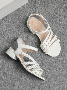 女孩編織細節粗跟踝帶時尚白色高跟涼鞋