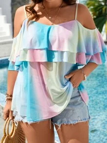 SHEIN Holidaya 大碼漸層挖肩荷葉邊網紗上衣 - 彩色 - 查看 3