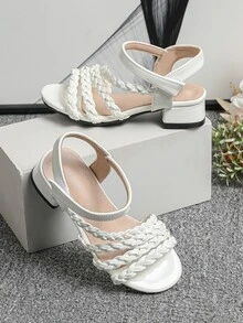 女孩編織細節粗跟踝帶時尚白色高跟涼鞋