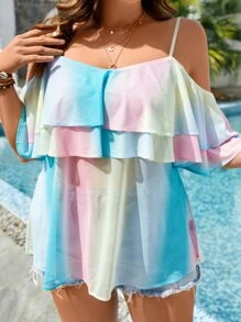 SHEIN Holidaya 大碼漸層挖肩荷葉邊網紗上衣 - 彩色 - 查看 5