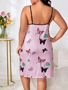 Plus Butterfly Print Contrast Binding Cami Nightdress - Pink - View 2