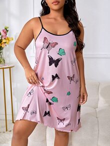 Plus Butterfly Print Contrast Binding Cami Nightdress - Pink - View 4