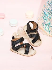 嬰兒交叉透氣鏤空踝帶時尚黑色涼鞋