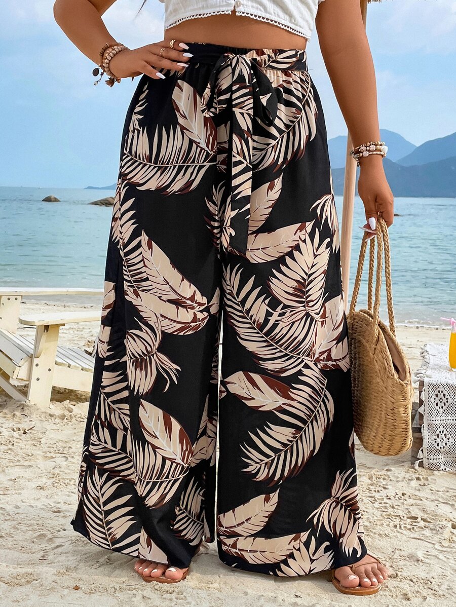 Breezaya Plus Tropical Print Belted Wide Leg Pants Fall Cloth For Women