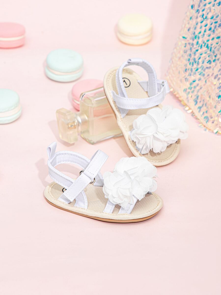 嬰兒花朵裝飾時尚白色織物踝帶平底涼鞋