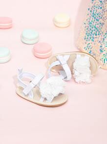 嬰兒花朵裝飾時尚白色織物踝帶平底涼鞋