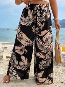 Breezaya Plus Tropical Print Belted Wide Leg Pants Fall Cloth For Women