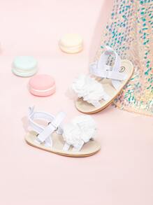 嬰兒花朵裝飾時尚白色織物踝帶平底涼鞋
