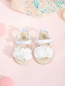 嬰兒花朵裝飾時尚白色織物踝帶平底涼鞋