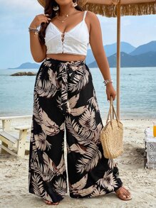 Breezaya Plus Tropical Print Belted Wide Leg Pants Fall Cloth For Women