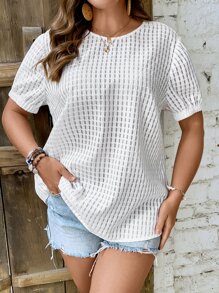 SHEIN LUNE Plus Solid Puff Sleeve Blouse - White - View 3