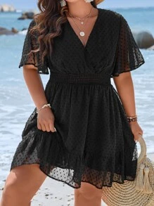 SHEIN Clasi Plus Swiss Dot Butterfly Sleeve Ruffle Hem Dress - Black - View 1