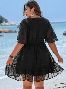 SHEIN Clasi Plus Swiss Dot Butterfly Sleeve Ruffle Hem Dress - Black - View 2