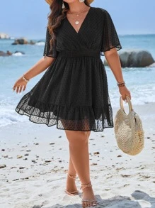 SHEIN Clasi Plus Swiss Dot Butterfly Sleeve Ruffle Hem Dress - Black - View 3