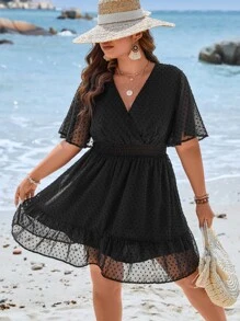 SHEIN Clasi Plus Swiss Dot Butterfly Sleeve Ruffle Hem Dress - Black - View 4