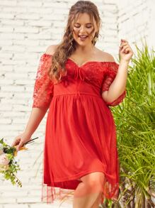 S BETRO Đầm Plus Size Tương phản Mesh Dây kéo Thắt nơ trước màu trơn Giải trí - Đỏ - Xem 3