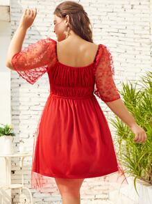 S BETRO Đầm Plus Size Tương phản Mesh Dây kéo Thắt nơ trước màu trơn Giải trí - Đỏ - Xem 2