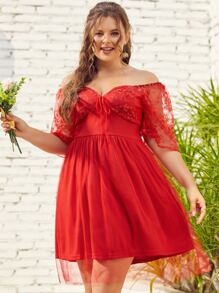 S BETRO Đầm Plus Size Tương phản Mesh Dây kéo Thắt nơ trước màu trơn Giải trí - Đỏ - Xem 4