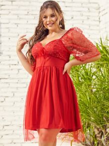 S BETRO Đầm Plus Size Tương phản Mesh Dây kéo Thắt nơ trước màu trơn Giải trí - Đỏ - Xem 5