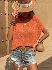 Batwing Sleeve Pointelle Knit Top - Orange - View 5