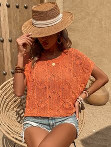 Batwing Sleeve Pointelle Knit Top - Orange - View 6