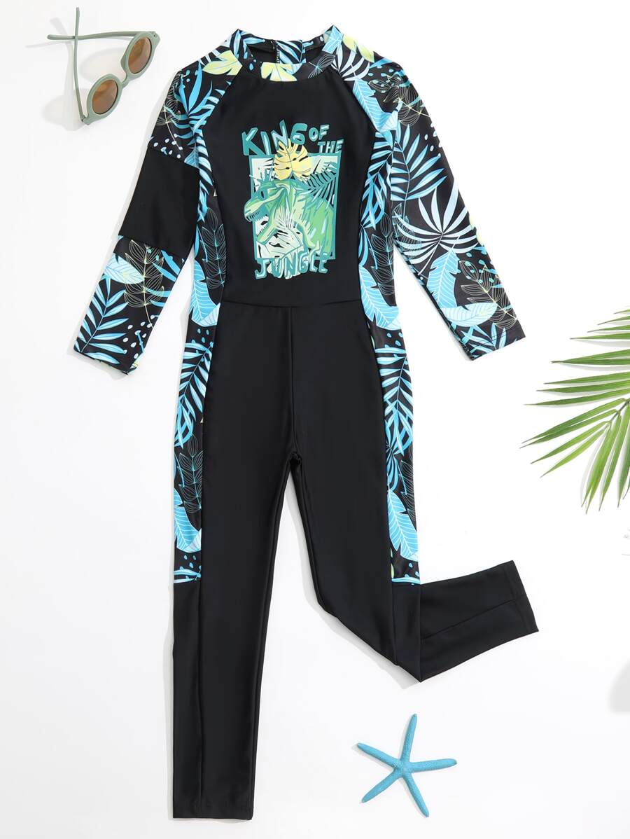 Toddler Boys Tropical Print High Neck One Piece Swimsuit - Black - View 1