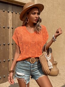 Batwing Sleeve Pointelle Knit Top - Orange - View 8